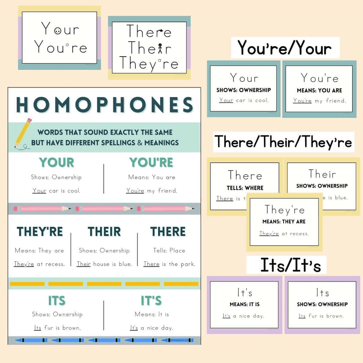 Graphic with homophones anchor chart and 9 smaller posters. 