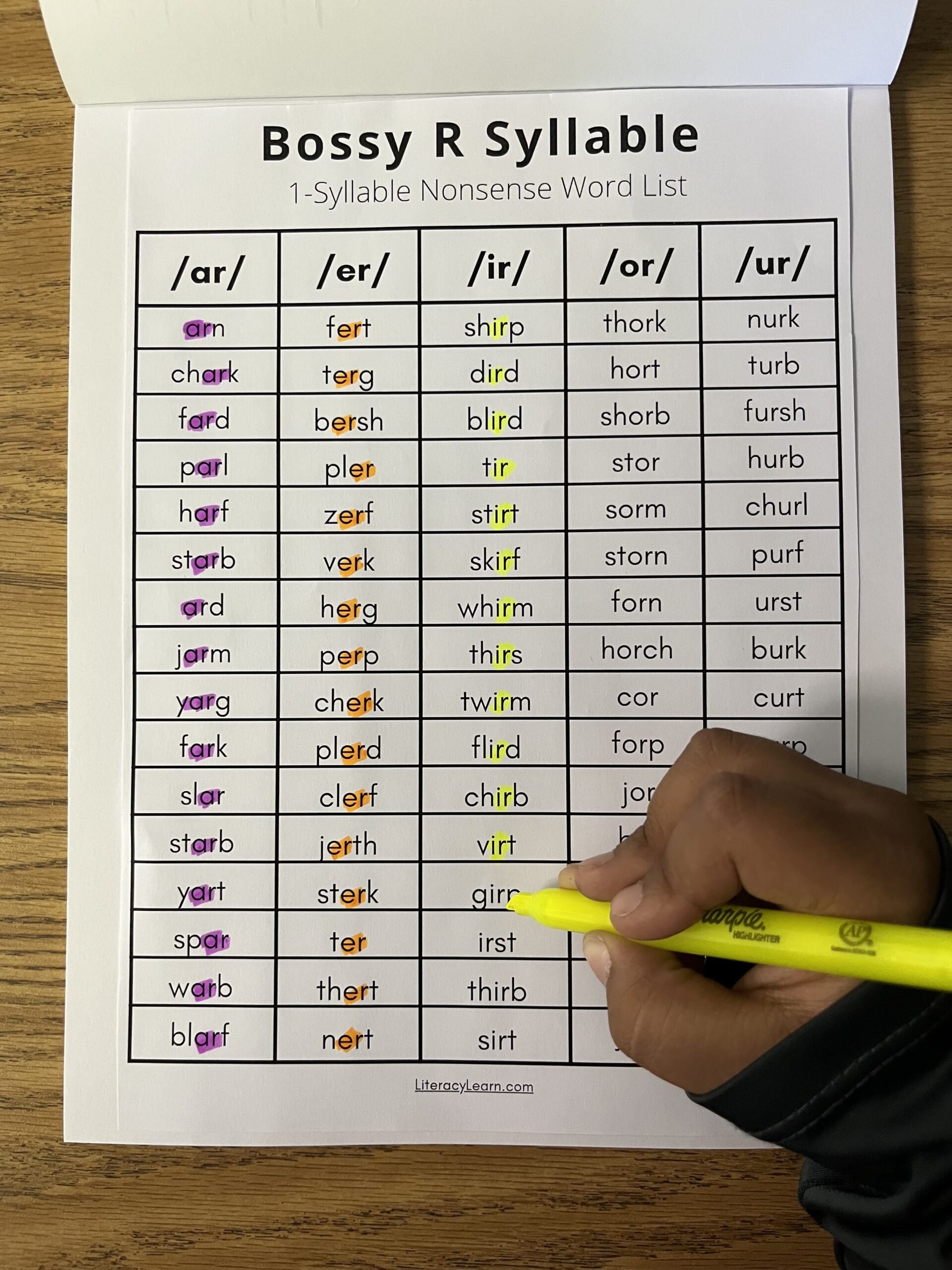 A student reading and highlighting the r-controlled vowels in a list of nonsense words.