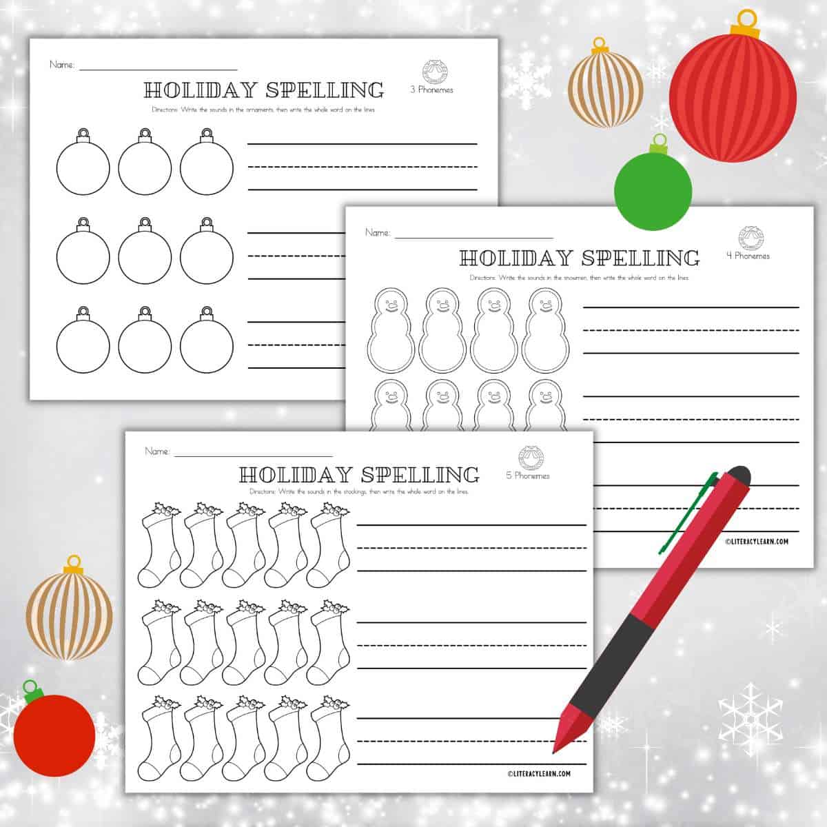 Graphic with three holiday word mapping worksheets on a silver background with colorful ornaments. 