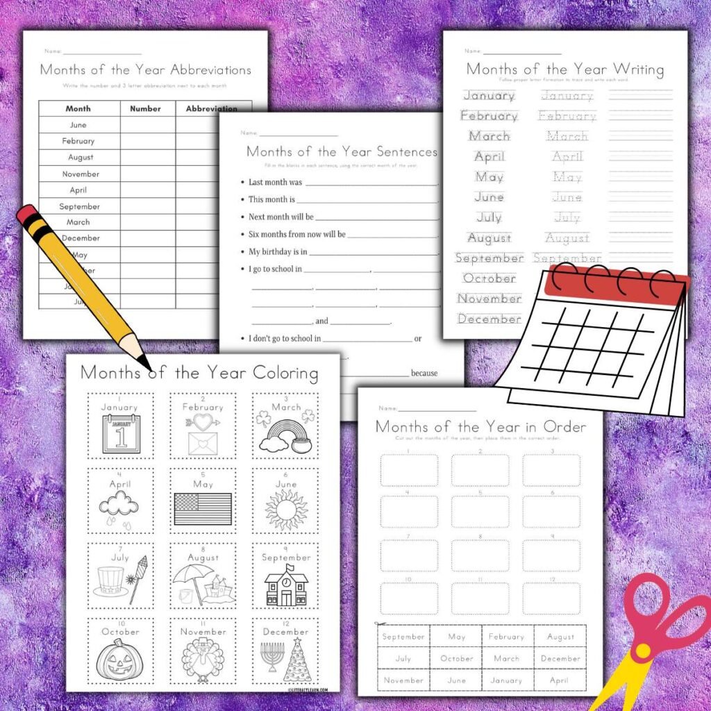 Graphic with five months of the year worksheets on a purple background.