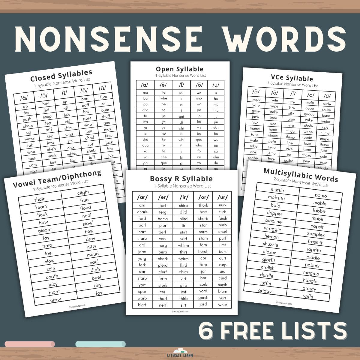 Chalksboard with "Nonsense Words" text and images of 6 nonsense word list worksheets.