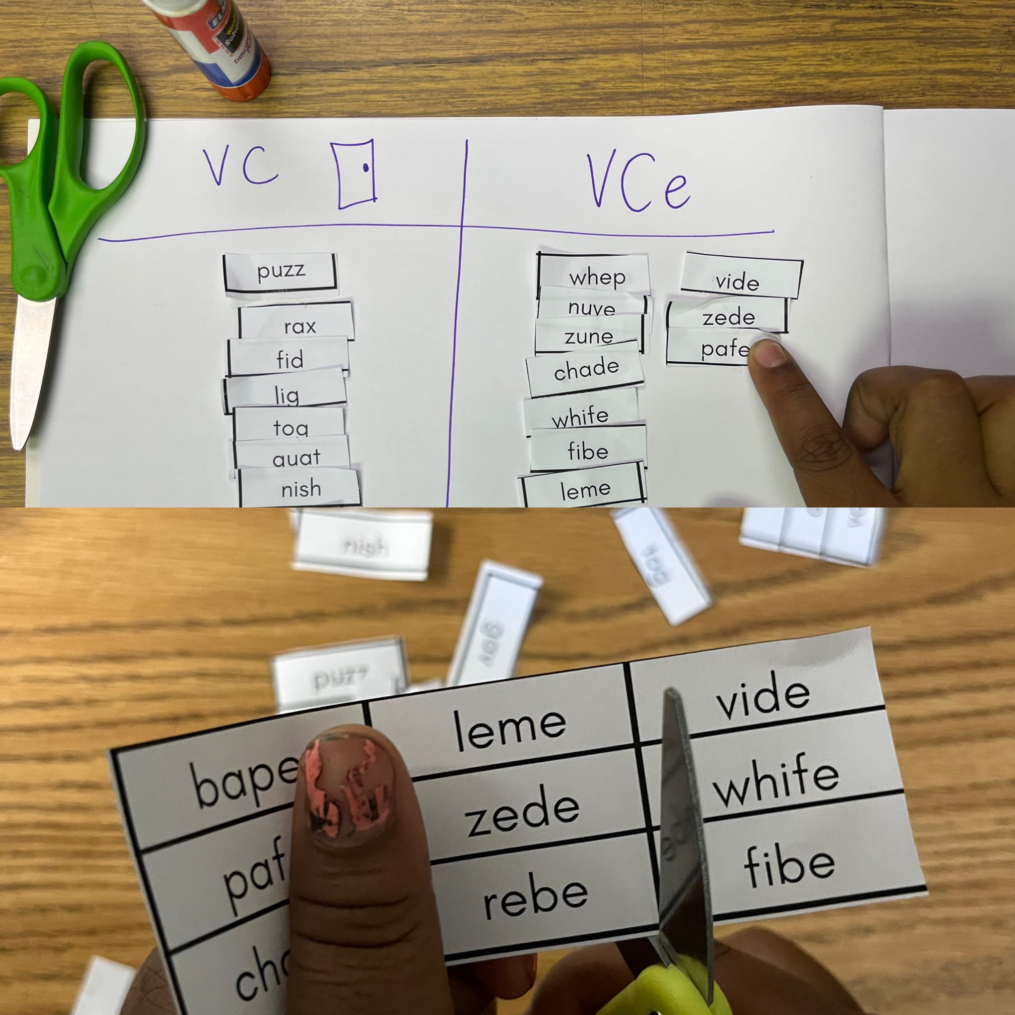 2 photos of student cutting the nonsense words and a nonsense word sort in the notebook.
