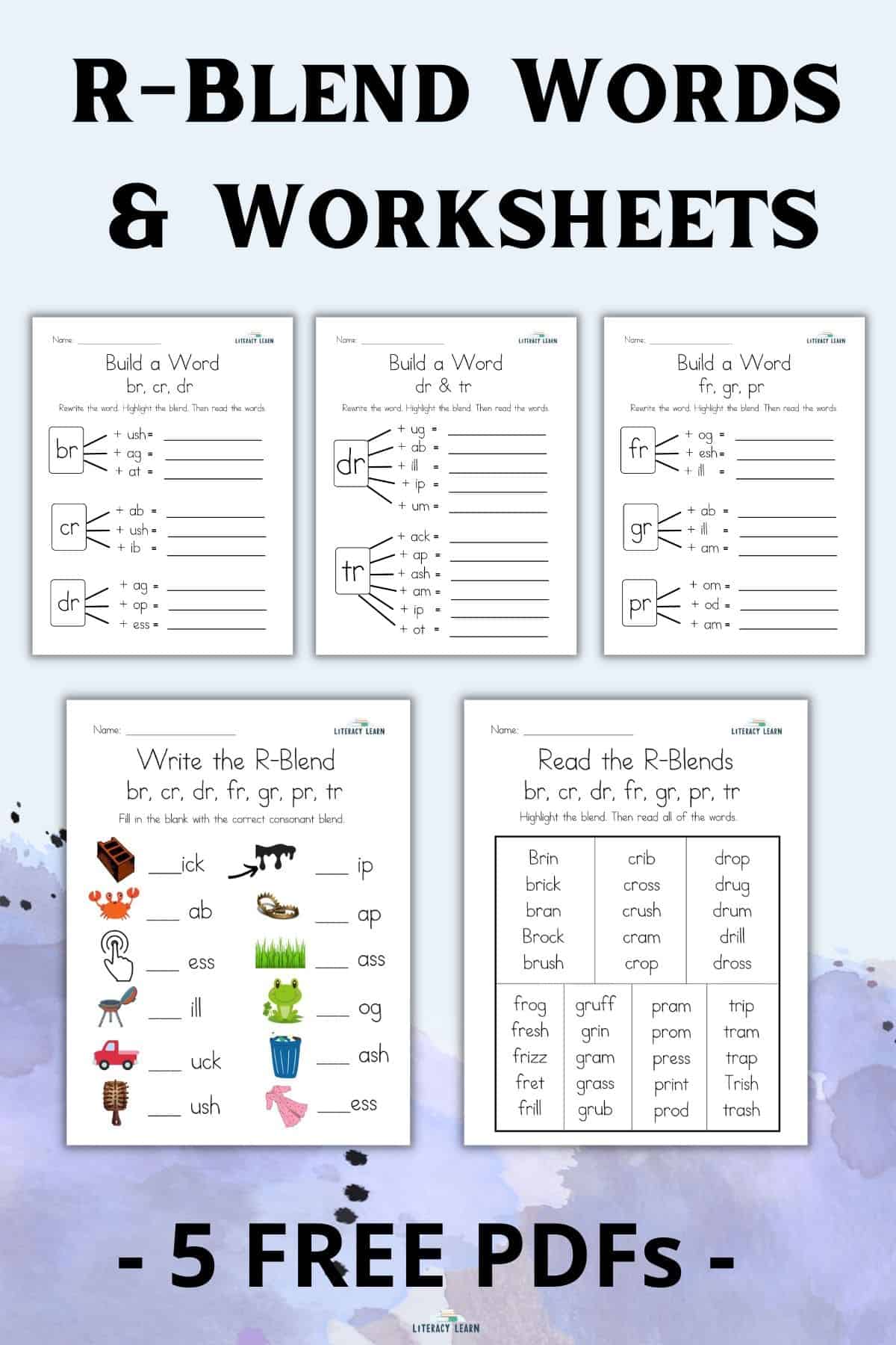 Pinterest image stating "R-Blend Words and Worksheets" with five free sample r-blend worksheets.