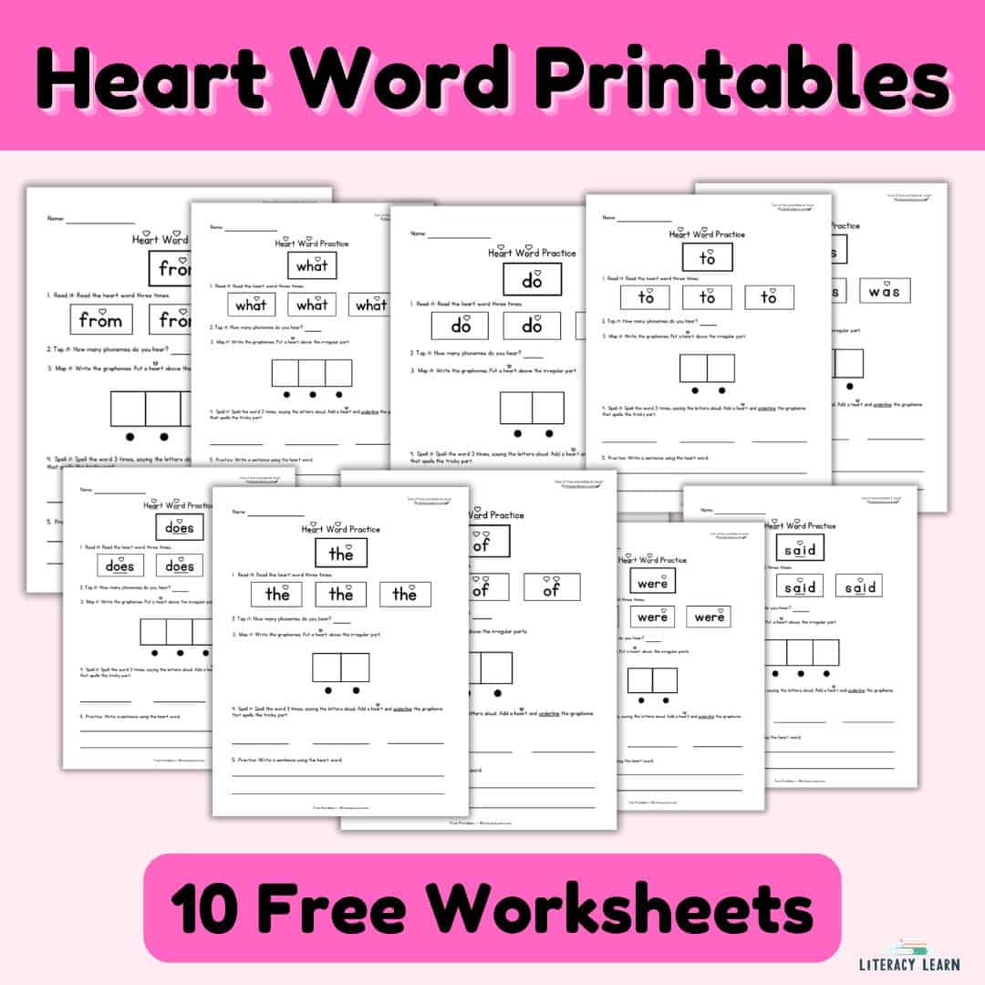 Pink graphic with 10 free Heart Word printables.