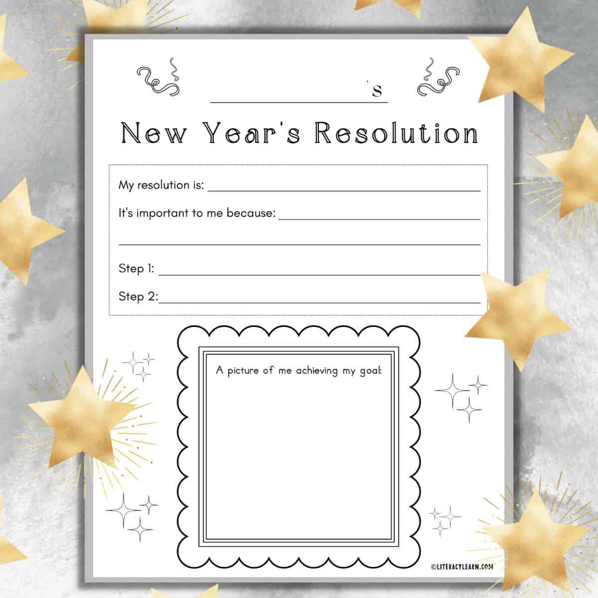 Printable New Years Ever worksheet on a gray starred background.