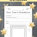 Pinterest graphic with new years resolution worksheet and lots of gold stars.