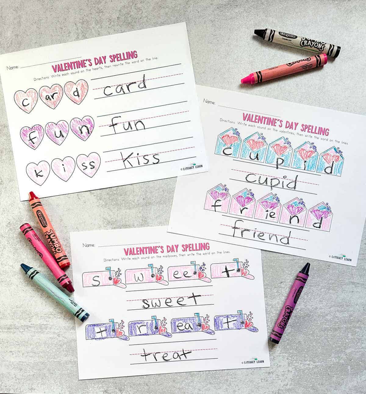 The printed and colored Valentine's Day Spelling Worksheets with crayons.