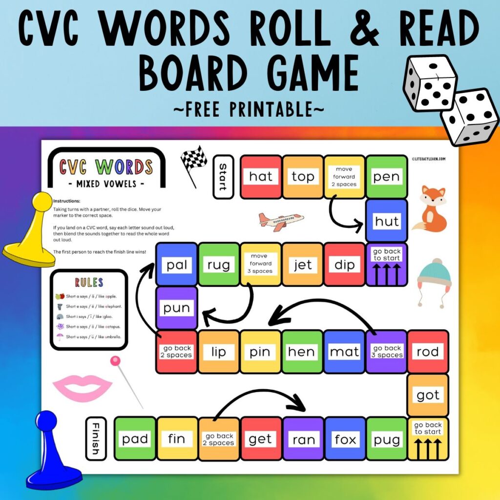 Graphic with the CVC Words Roll & Read Board Game on a colorful rainbow background.