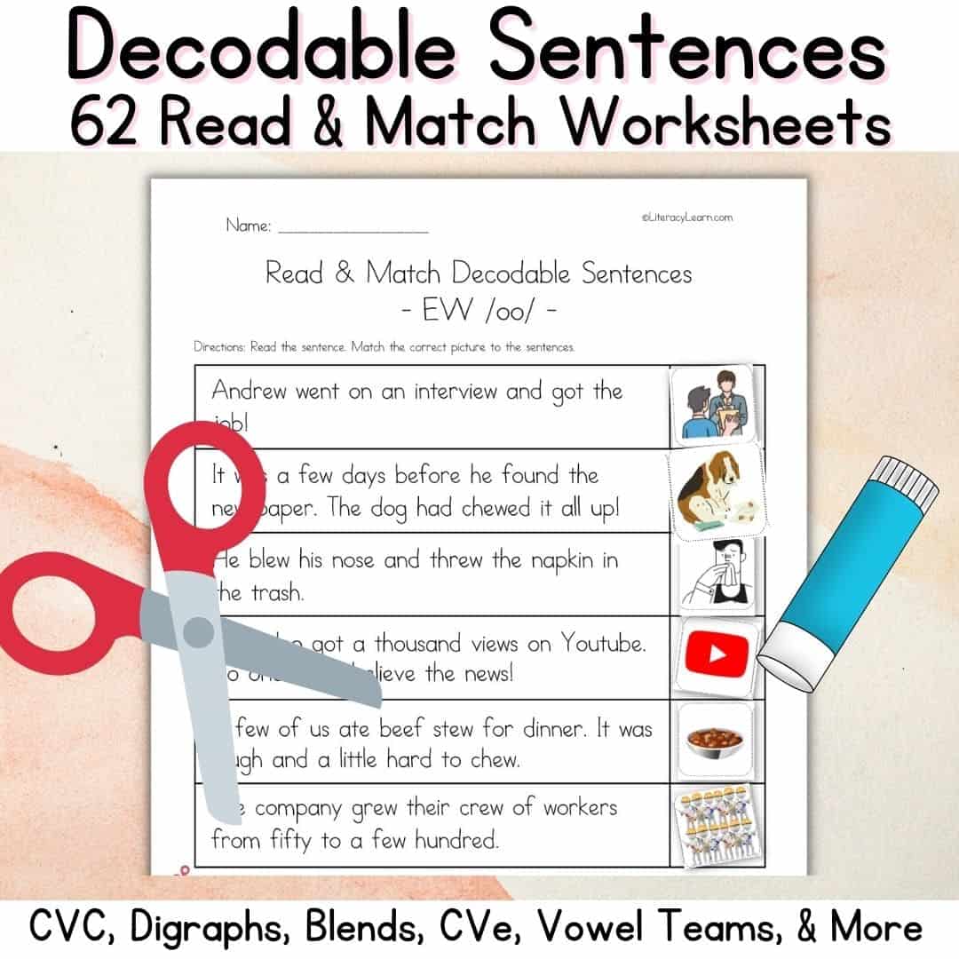 Image of decodable read and match sentence worksheet with scissors and glue stick.
