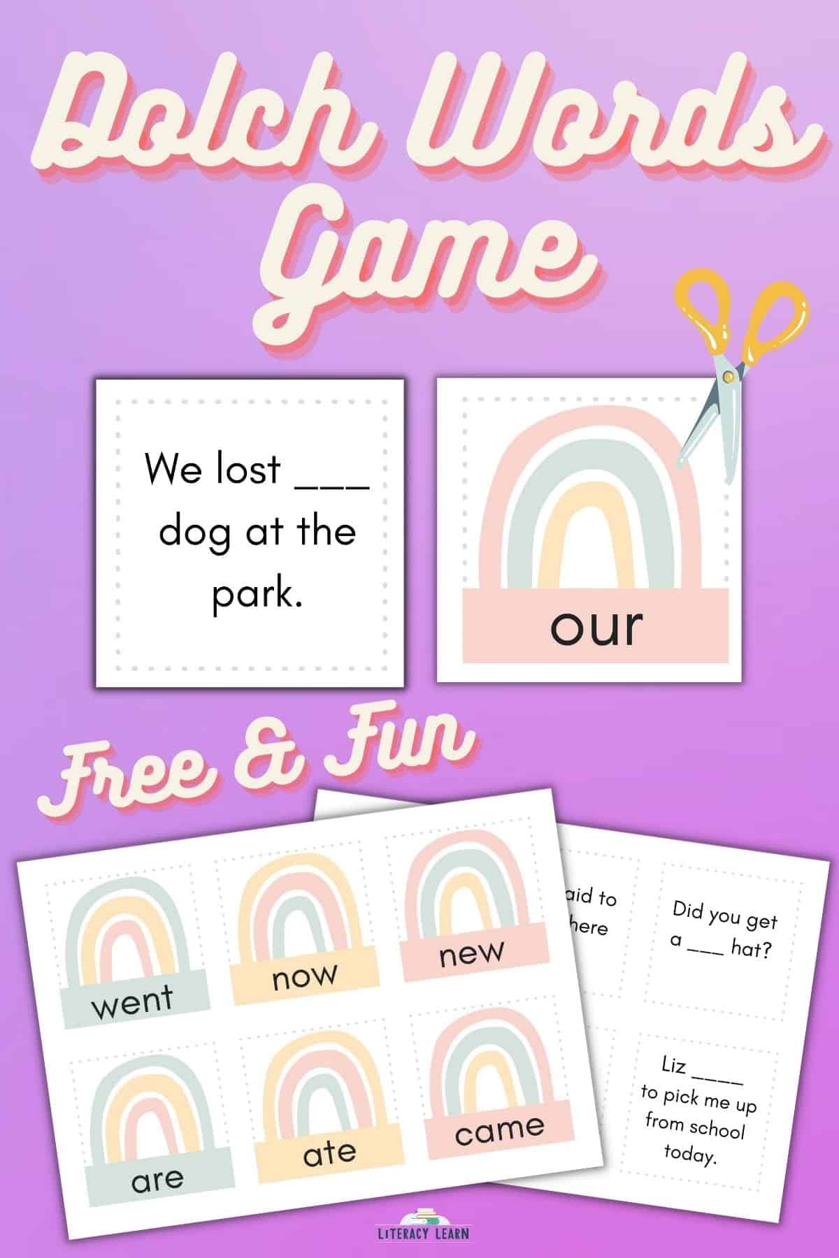 Purple background with two Dolch sight word flashcards, scissors, and two sample worksheets. 