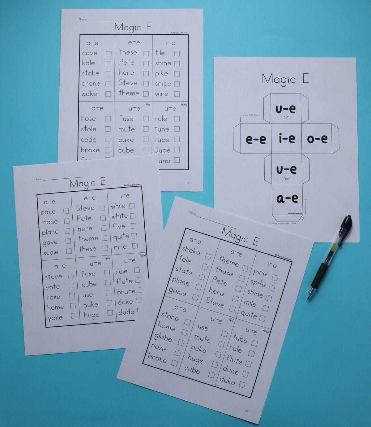 The printed pages of the silent e reading game: a printable dice and three reading pages.