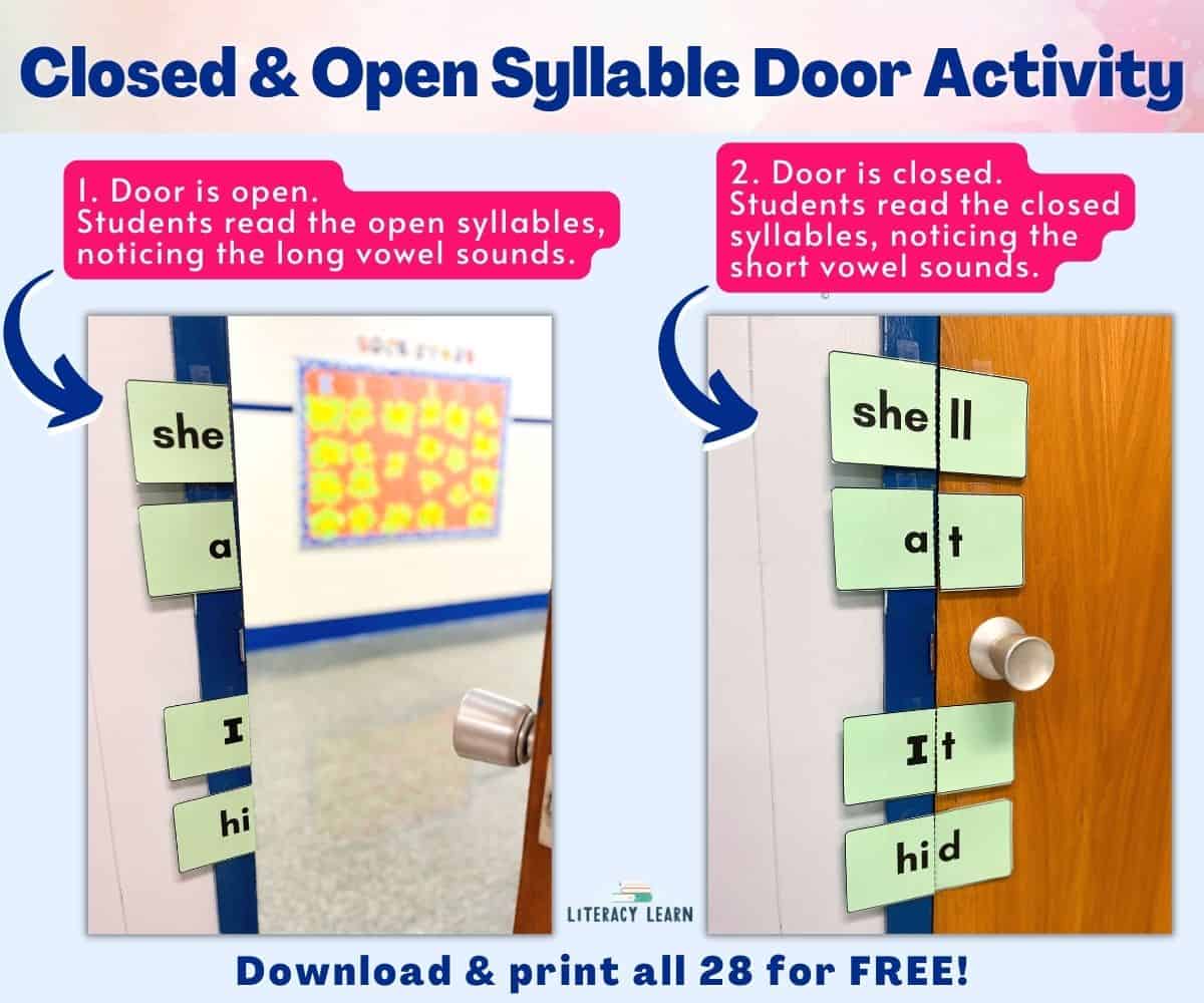 Graphic showing the printed open and closed syllable door puzzle in a classroom with instructions.