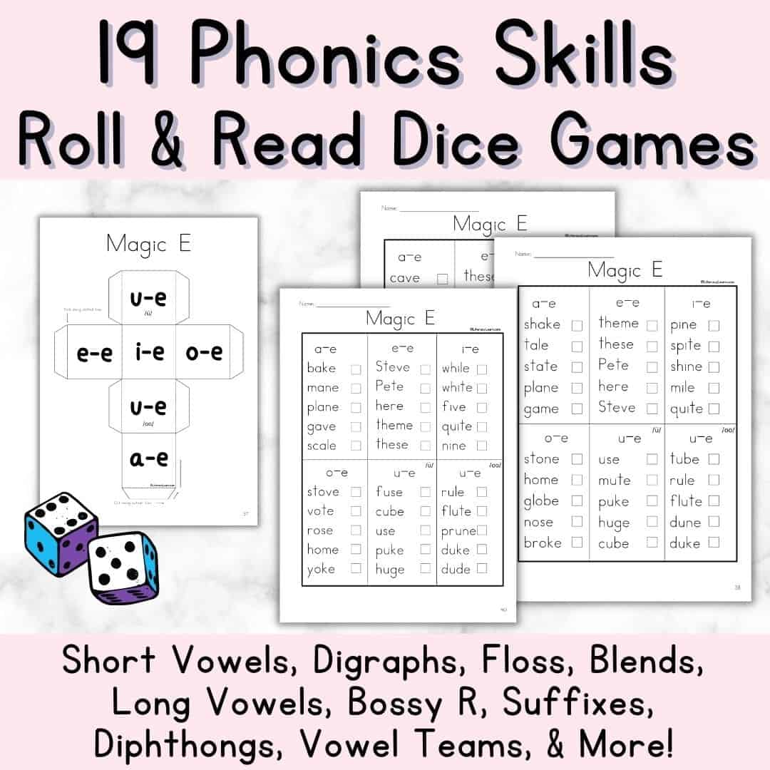 Graphic with 19 Phonics Skills Roll and Read with 3 Worksheets and dice.