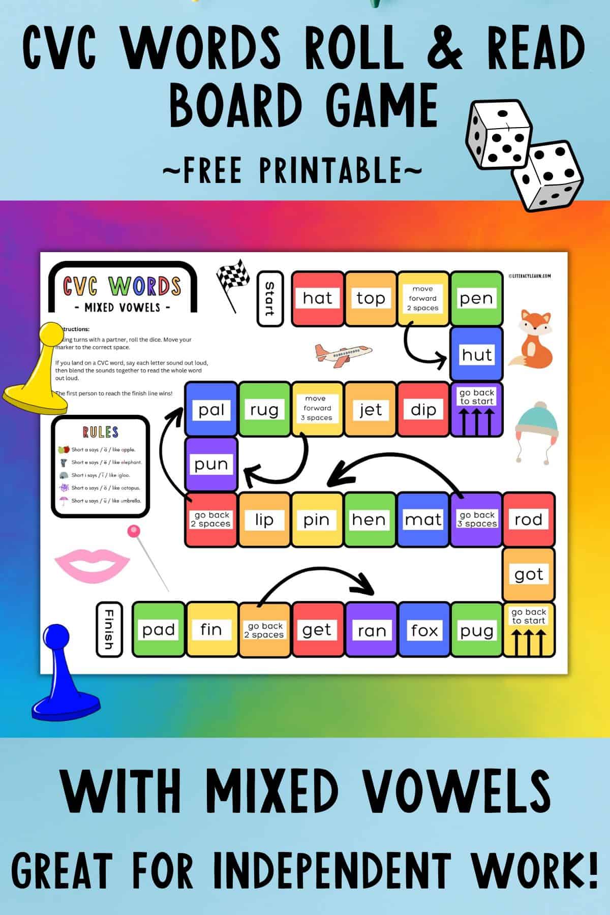 Pinterest graphic with the CVC Words Board game and a dice.