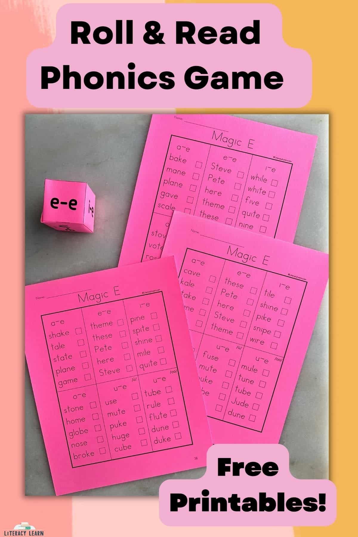 Pinterest image showing the silent E phonics dice and 3 worksheets with text "free printable."