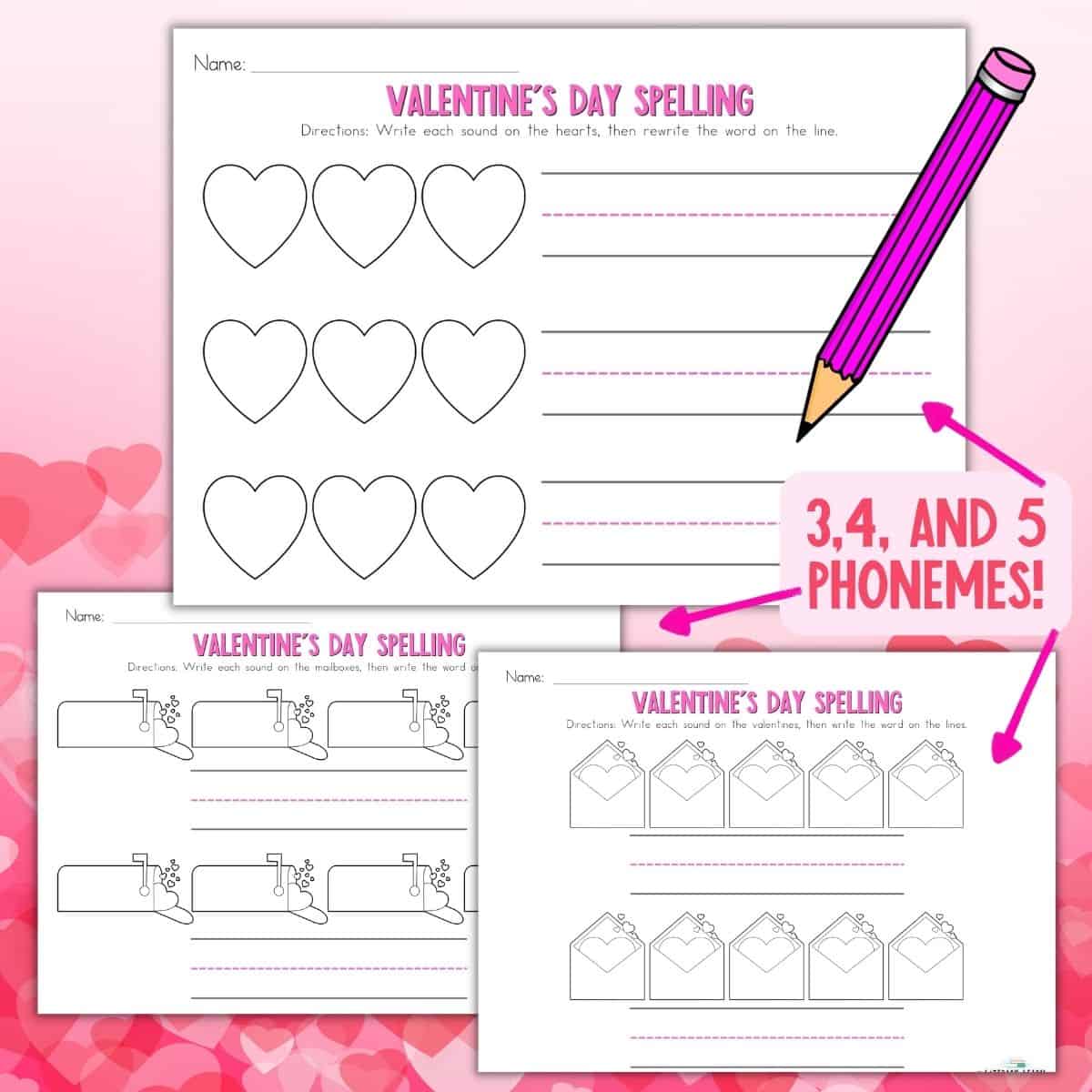 Graphic with 3 Valentine's day themed word mapping worksheets on a pink heart background.