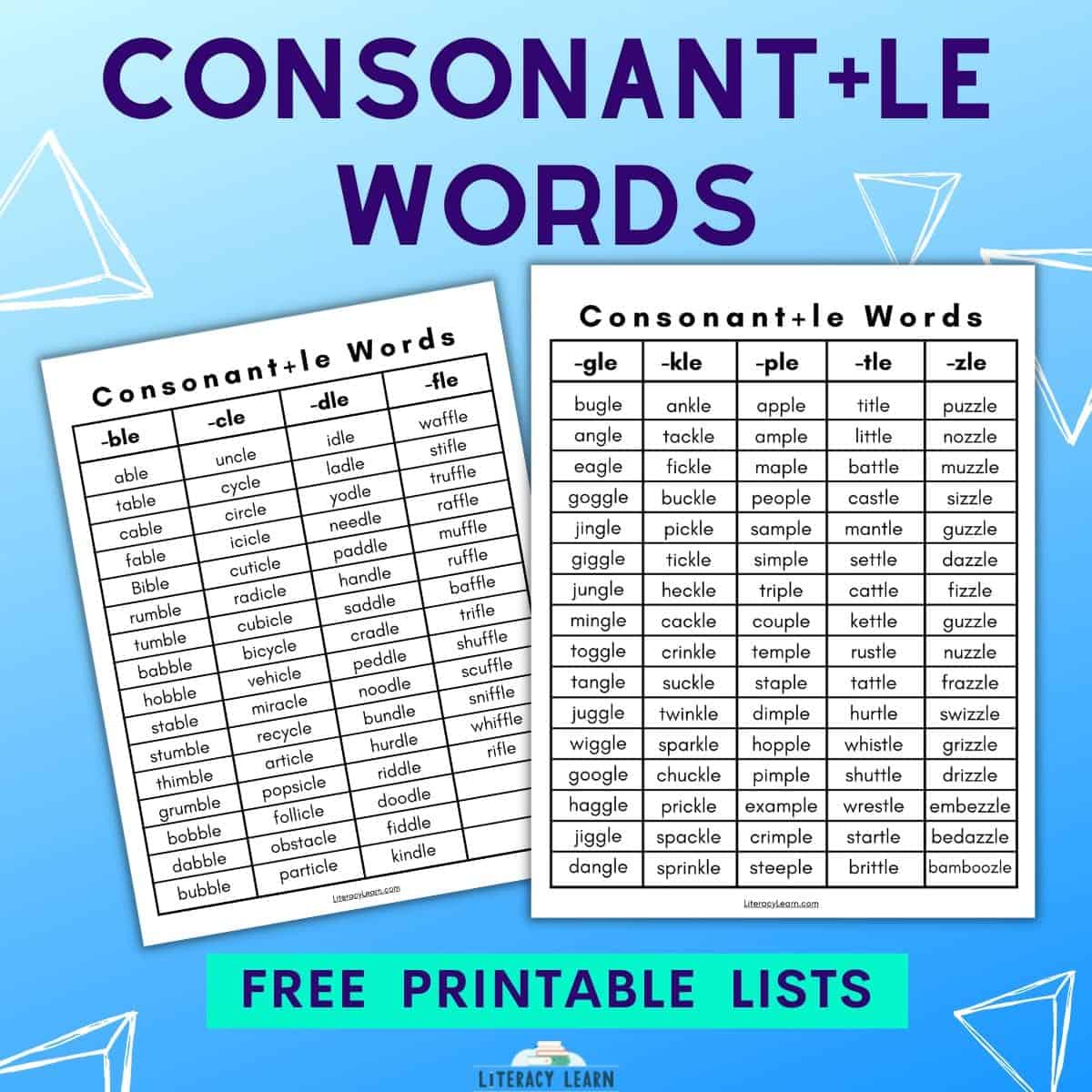 Two consonant-le worksheets with title "Consonant+LE words Free Printable Lists" on blue background.