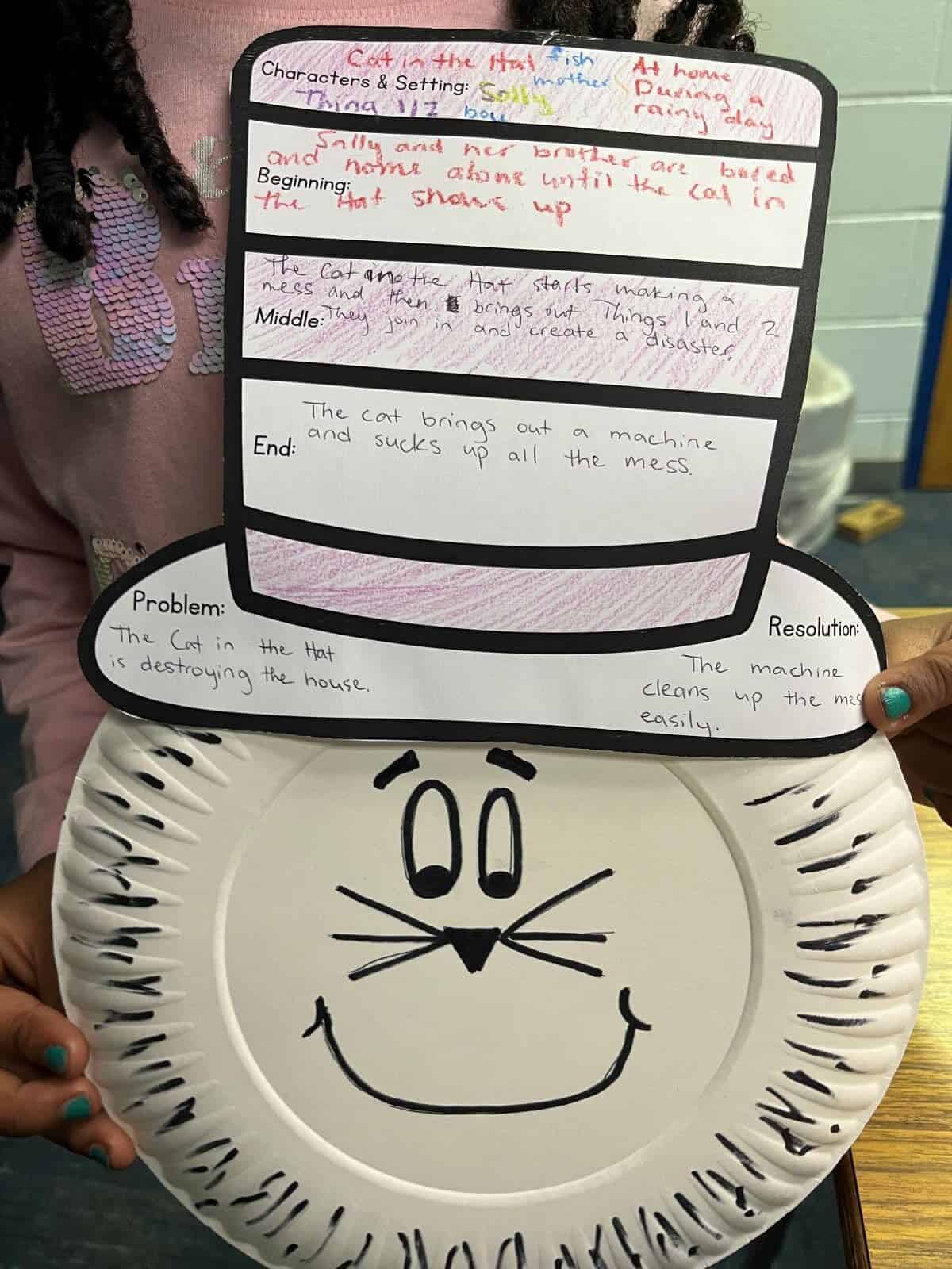 Photo of a cat in the hat craft with a completed graphic organizer.