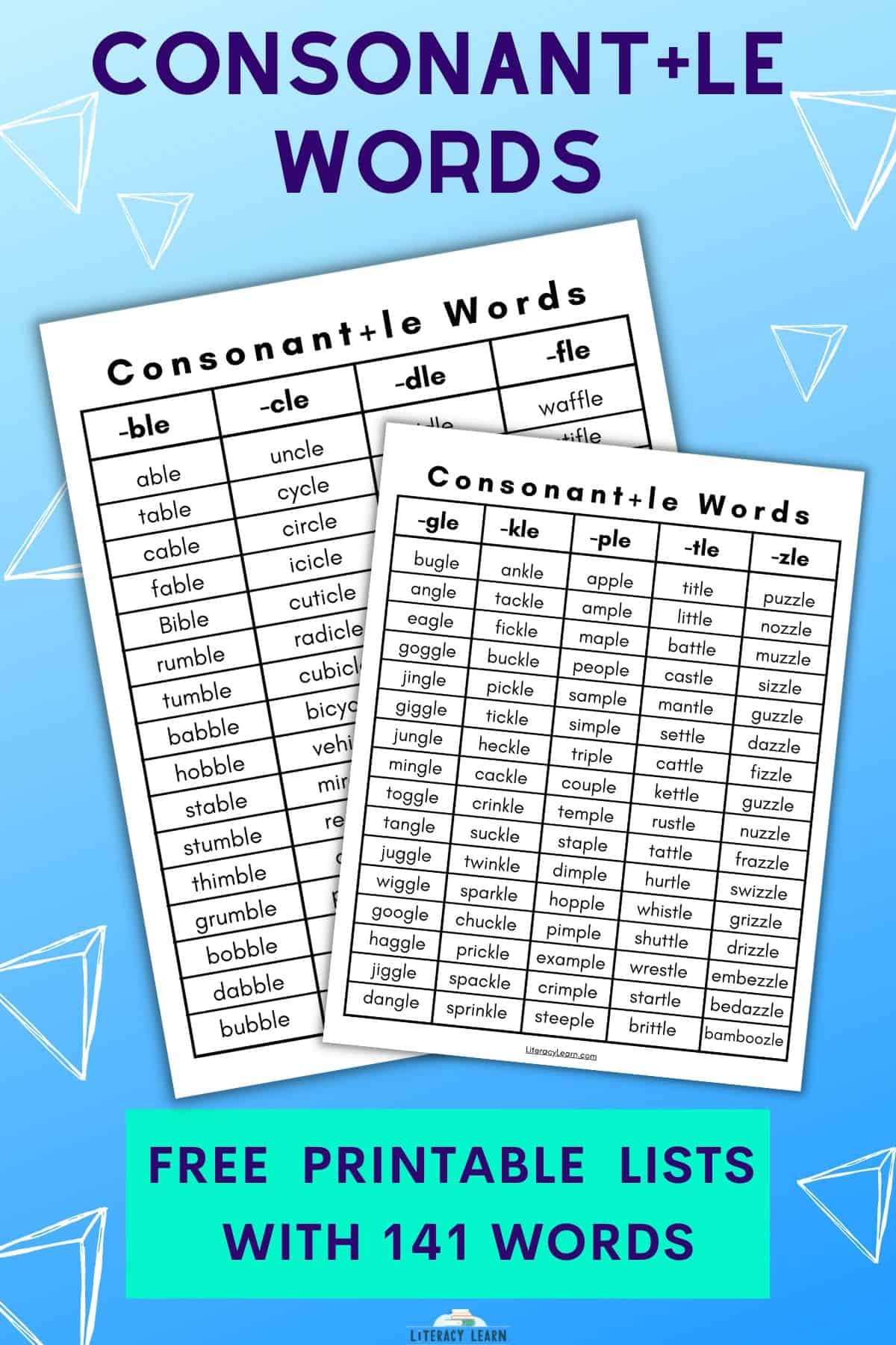 Blue background with two worksheets with title "Consonant+le Words: Free printable lists with 141 words."