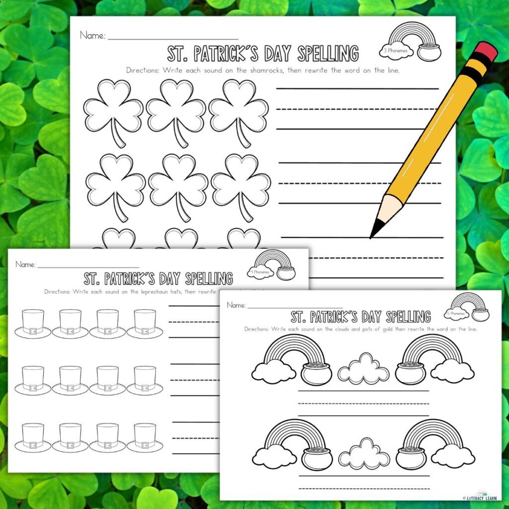 Colorful graphic with three St. Patrick's Day word mapping worksheets and a pencil.