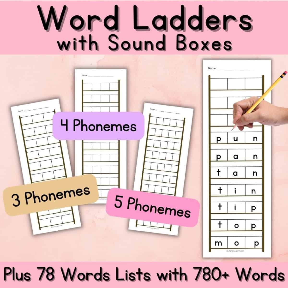 Pink graphic showing a word ladder example and sound boxes for 3, 4, and 5 phoneme words.