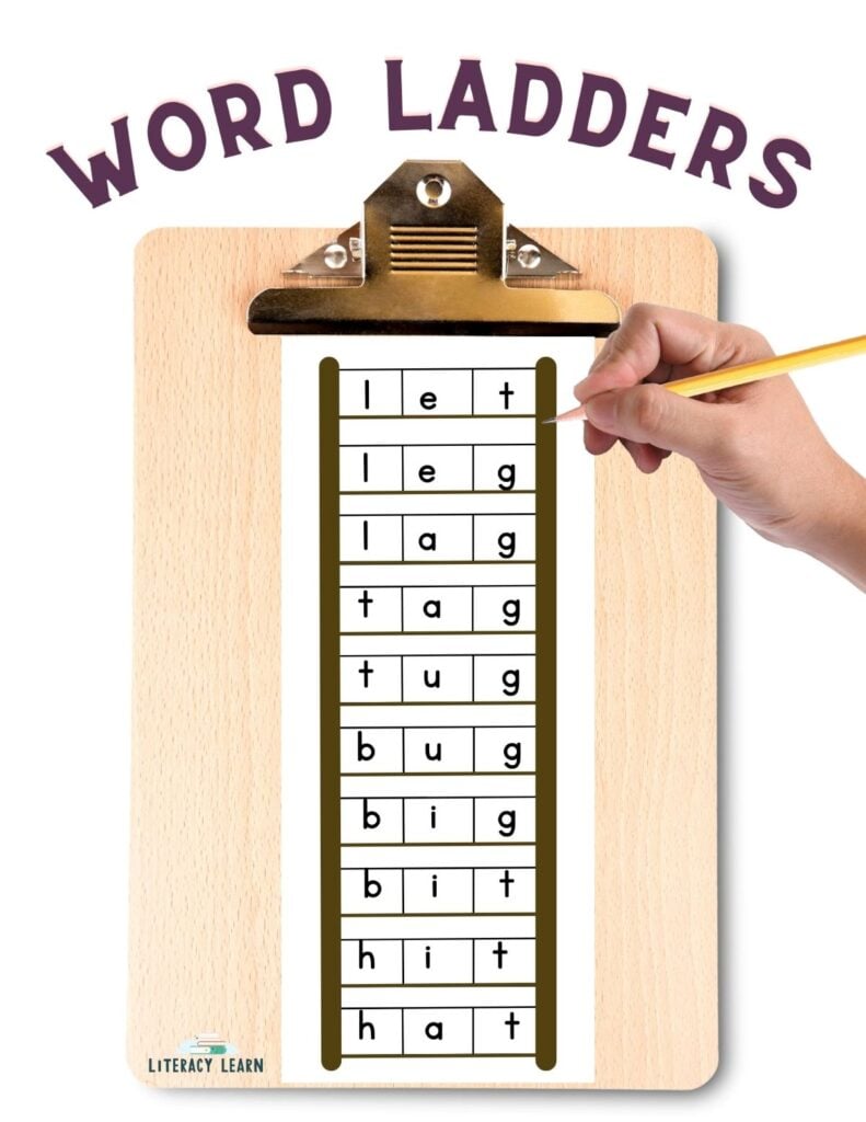Graphic with a hand writing in words on a printed word ladder. 