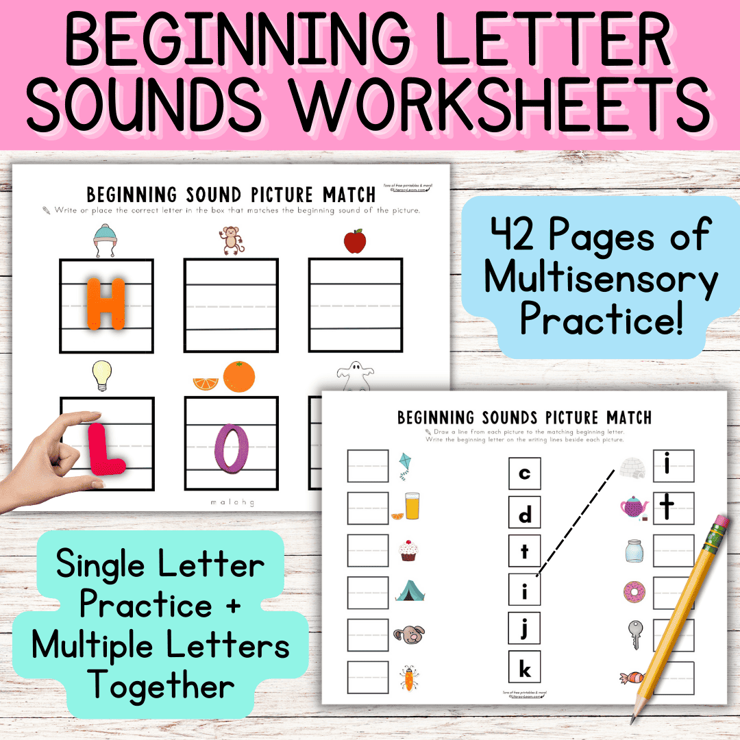 Beginning sounds worksheets graphic with two worksheets and a pencil. 