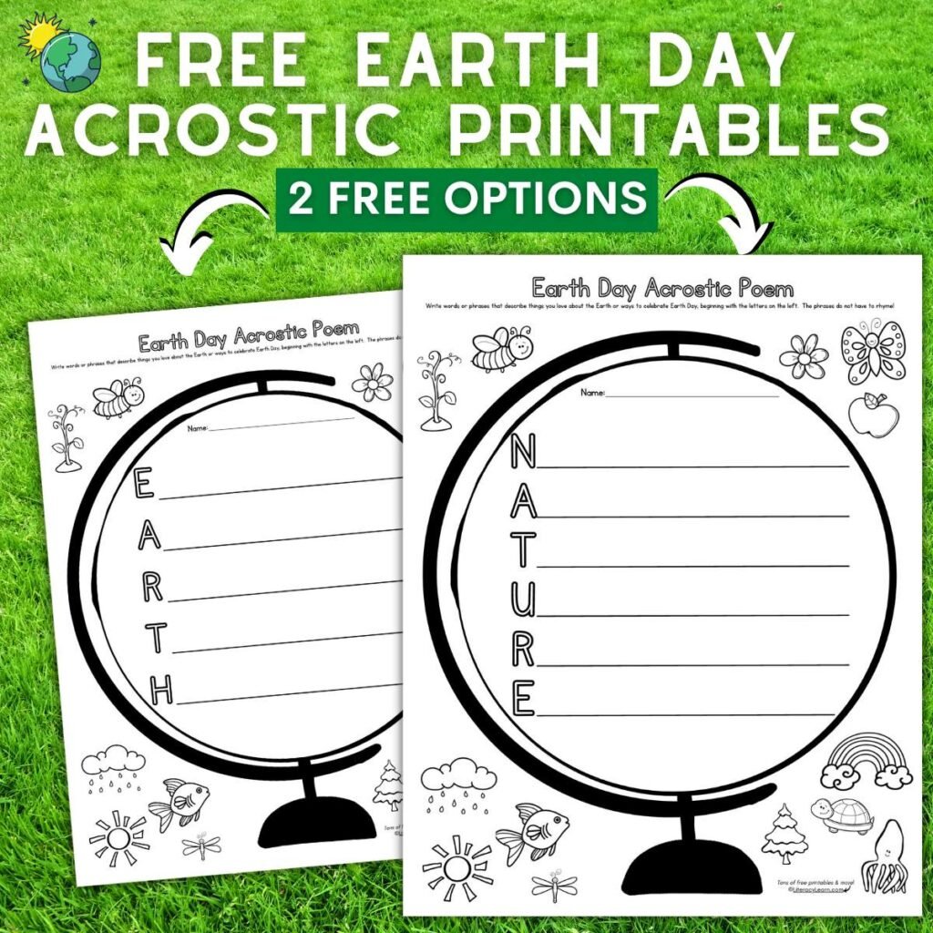 Graphic with two Earth Day Acrostic printable on a green grass background.