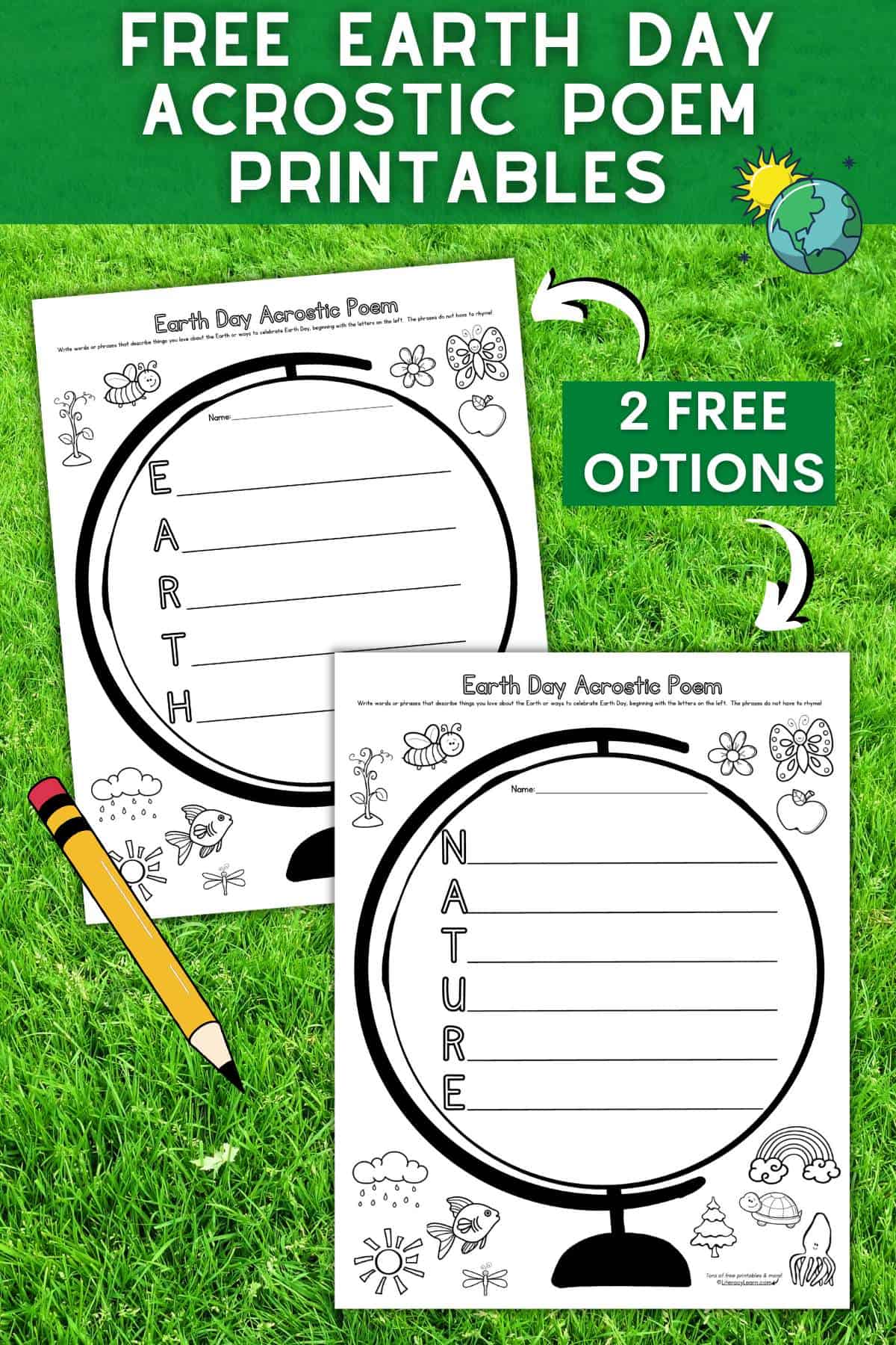 Pinterest graphic with two Earth Day Acrostic worksheets on a green background.
