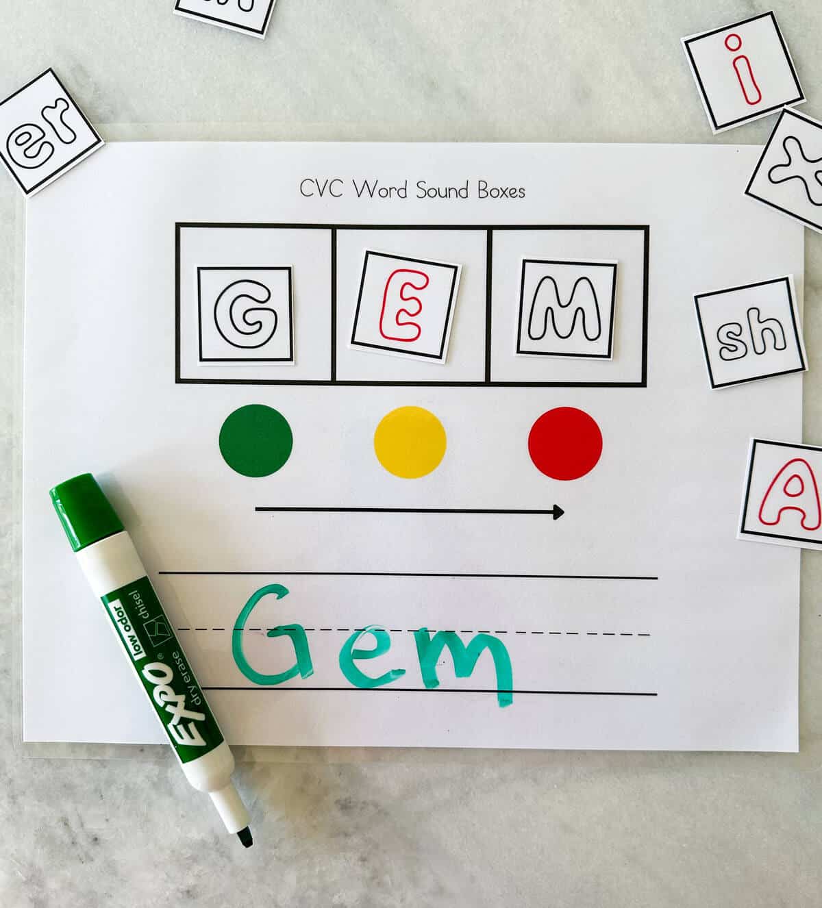 Elkonin box printable with the word gem spelled out.