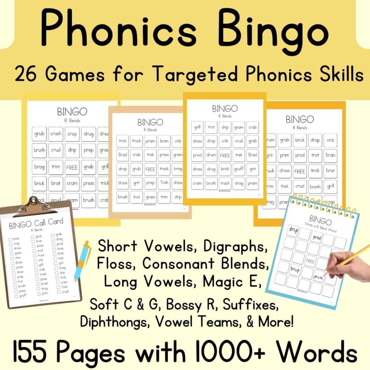 Image showing examples of Phonics Bingo games with 4 Bingo cards, a word list, and Bingo.
