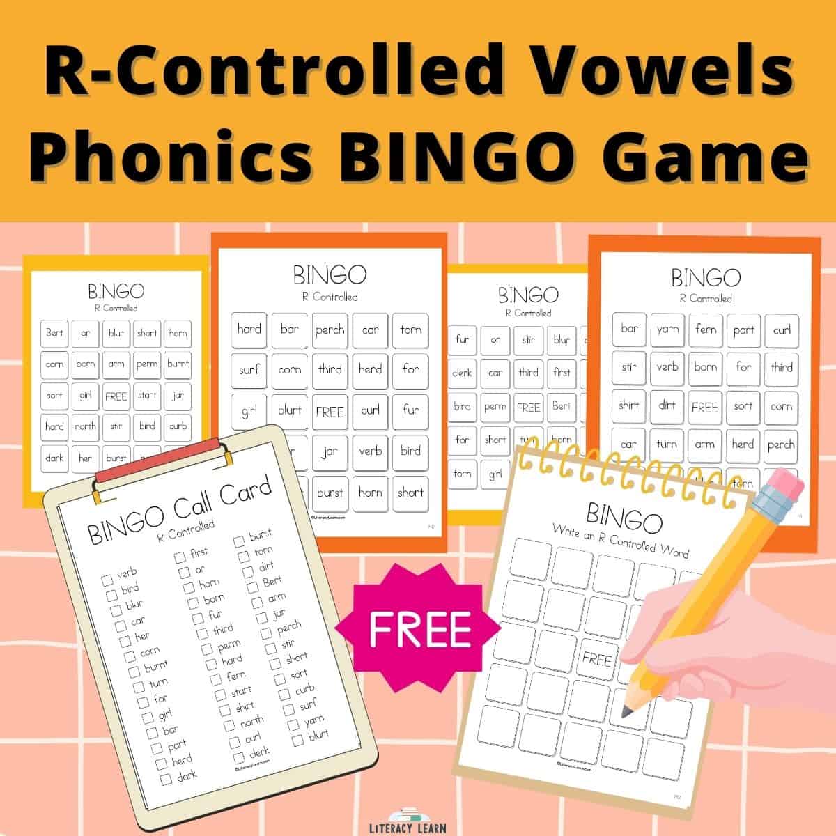 R-Controlled Vowels Word Phonics Bingo Game with samples of game on pink and orange background.