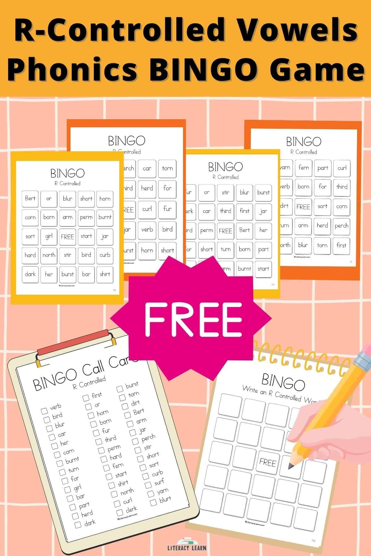 R-Controlled Vowels Word Phonics Bingo Game with samples of game on pink and orange background.