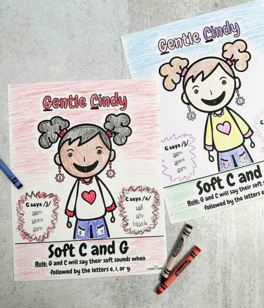 Two printed Gentle Cindy coloring pages to illustrate soft g and soft c. 