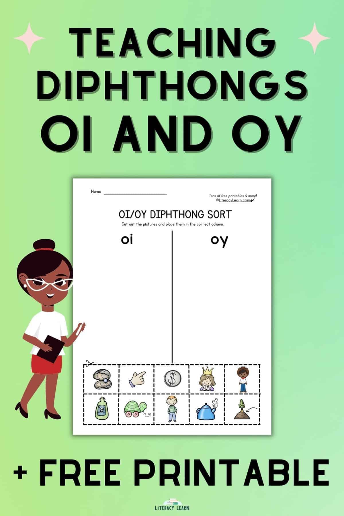 Diphthongs OI and OY with free printable worksheet displayed and clipart of teacher.
