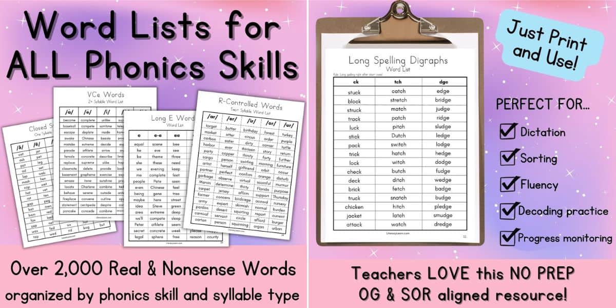 Graphic with word lists for all phonics skills on a pink and purple background.