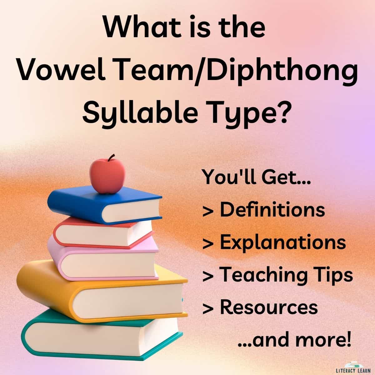 Colorful background with a pile of books and title "What is the Vowel Team/Diphthong Syllable Type?"