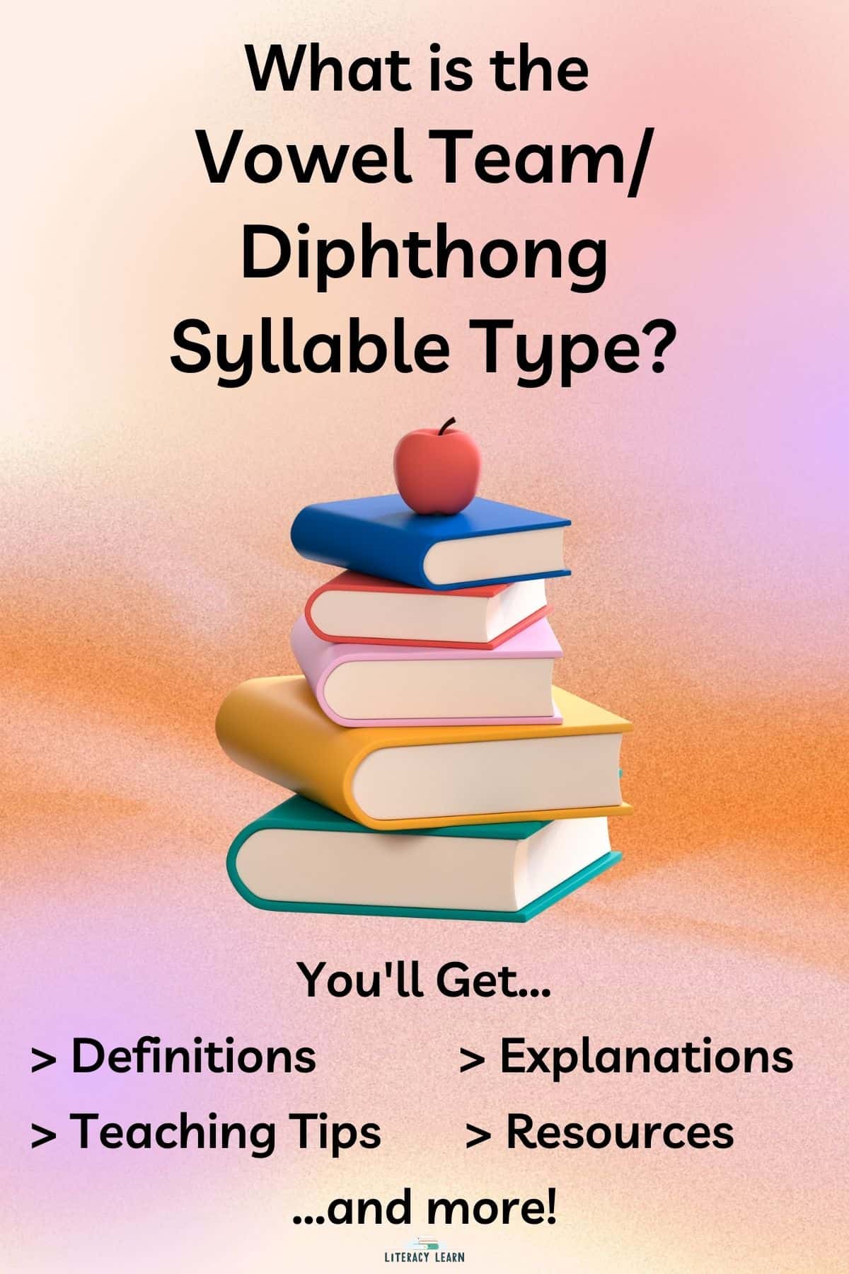 Colorful background with a pile of books and title "What is the Vowel Team/Diphthong Syllable Type?"