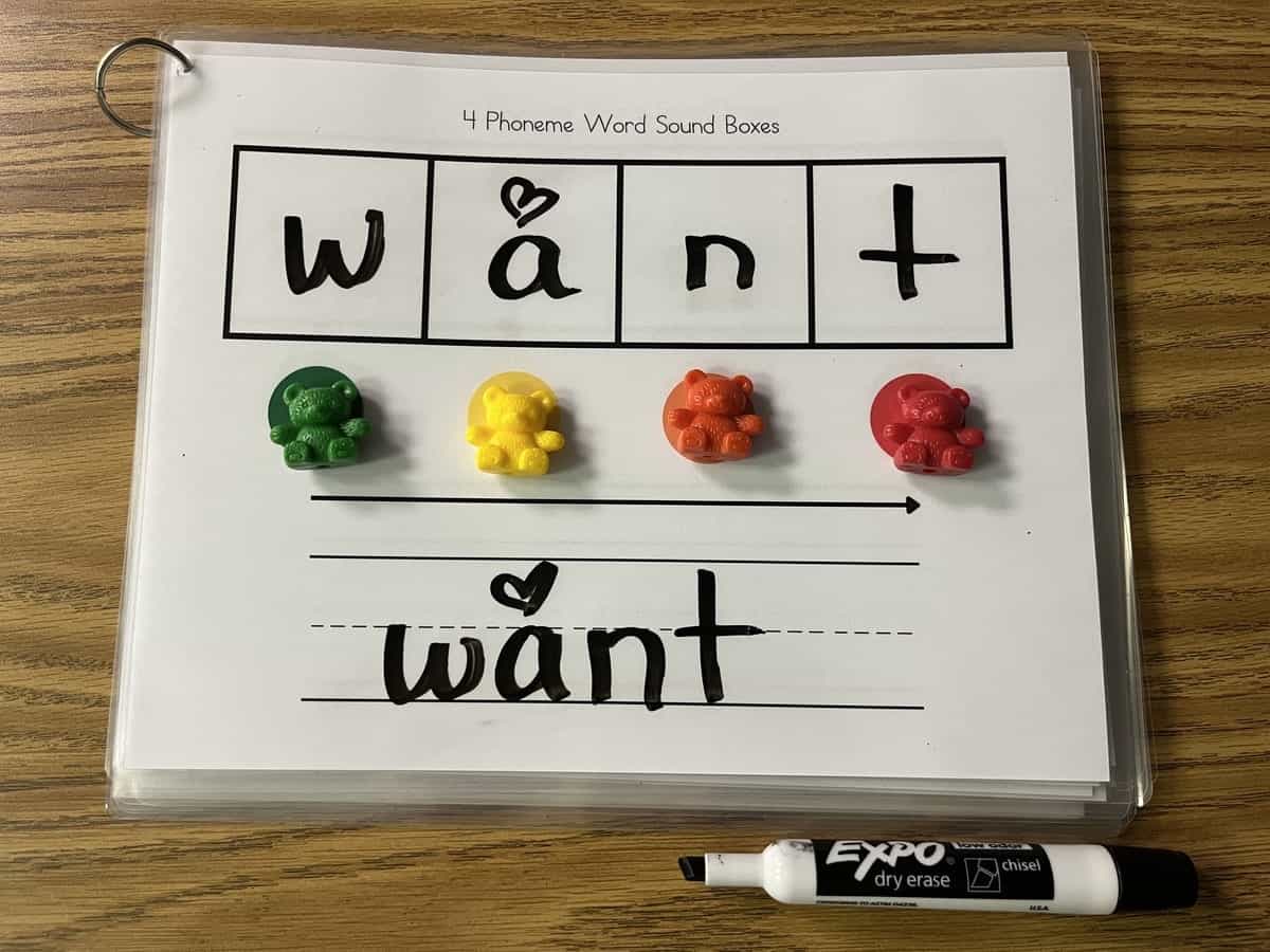 Photograph of sound boxes with the word 'want' mapped to show phoneme-grapheme mapping example.