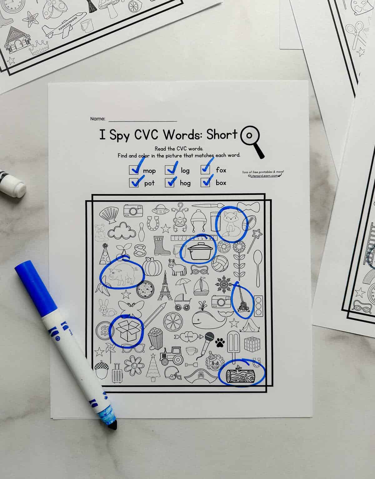 The finished short O I Spy CVC Word worksheet.