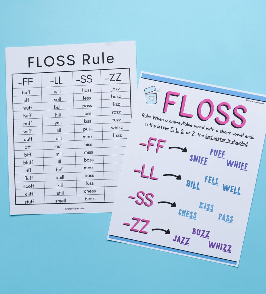 A printed FLOSS rules poster and list of words.