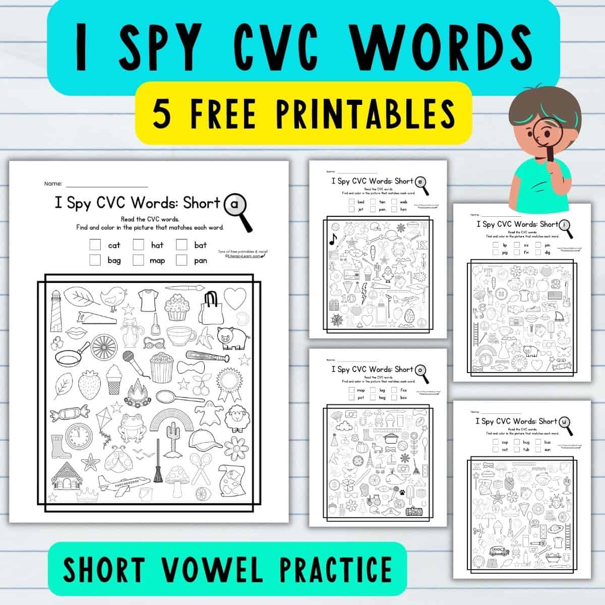 Graphic with 5 I Spy CVC Worksheets on a white background.
