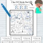 Pinterest graphic with 5 I Spy CVC Words worksheets, a pen, and a child with a spyglass.