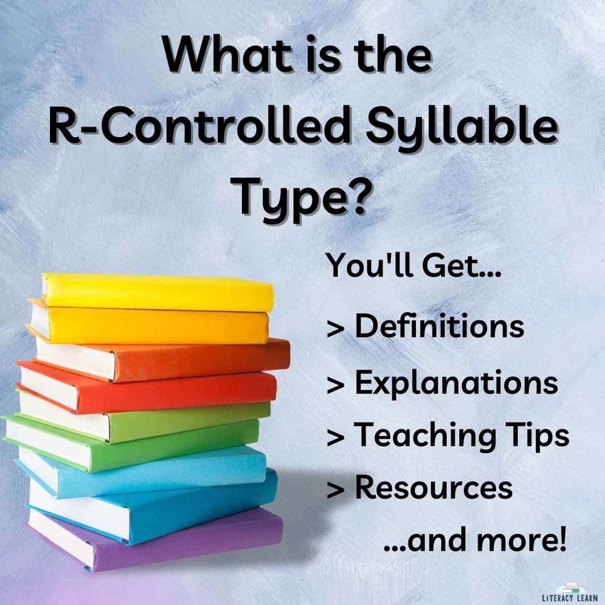 Blue background with a pile of books and title "What is the R-Controlled Syllable Type?"