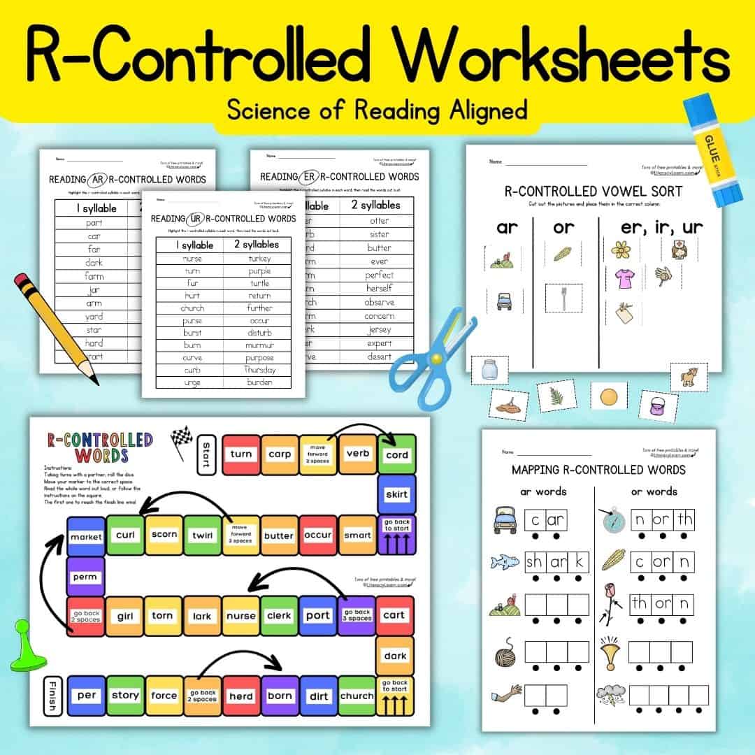 Graphic with different R-Controlled Words worksheets and game on a blue background.