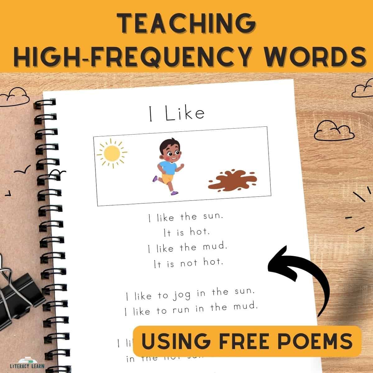 Graphic with student notebook showing poem with words "Teaching High-Frequency Words Using Free Poems."
