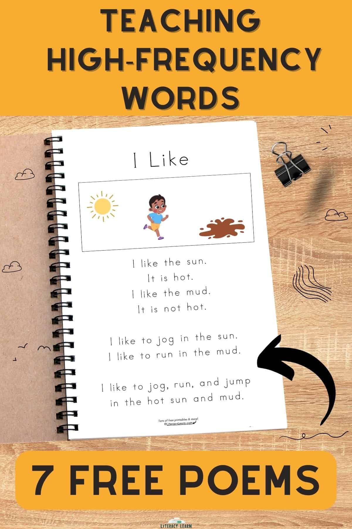 Graphic with student notebook showing poem with title "Teaching High-Frequency Words - 7 Free Free Poems."