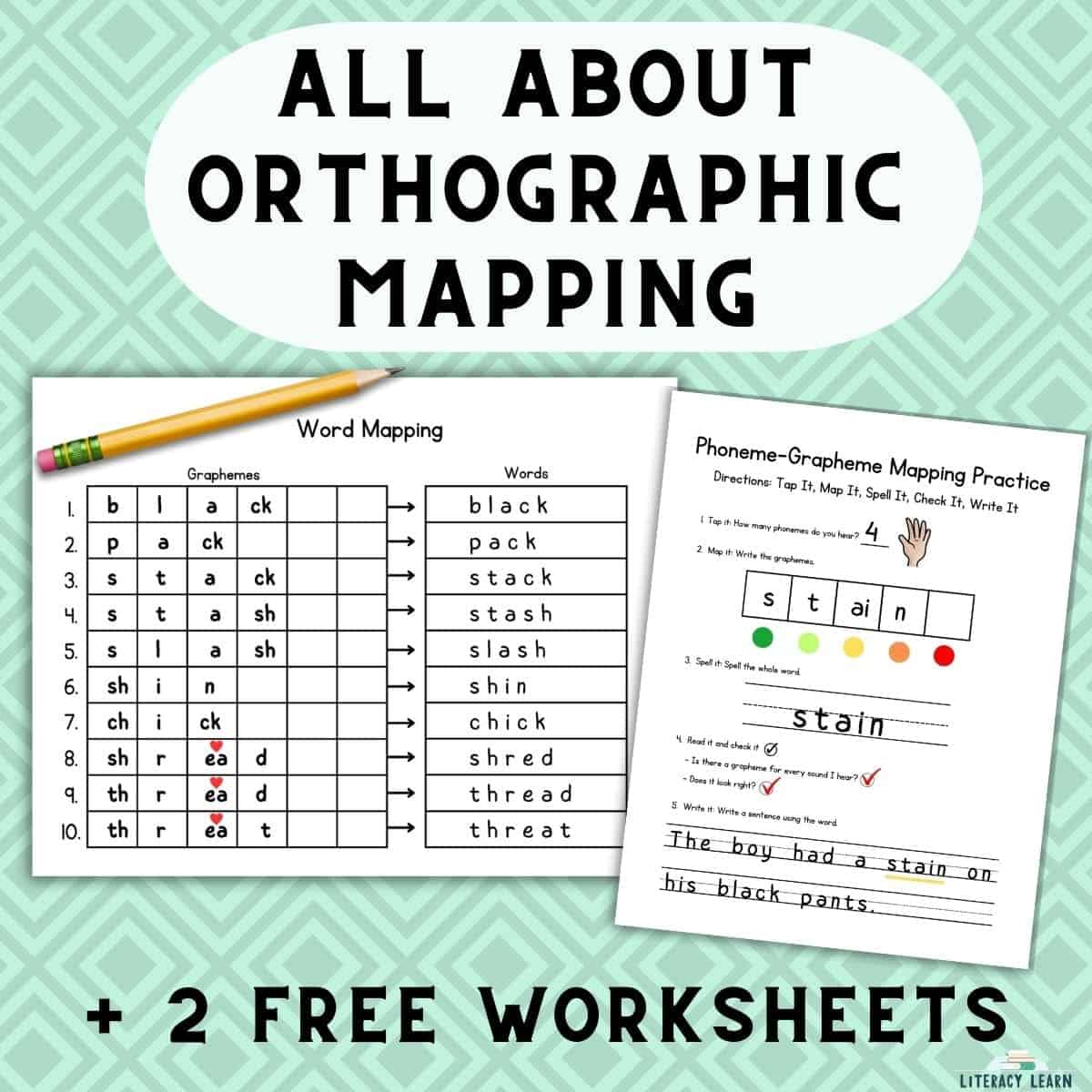 Graphic with title "All About Orthographic Mapping" with two free worksheets and a pencil.