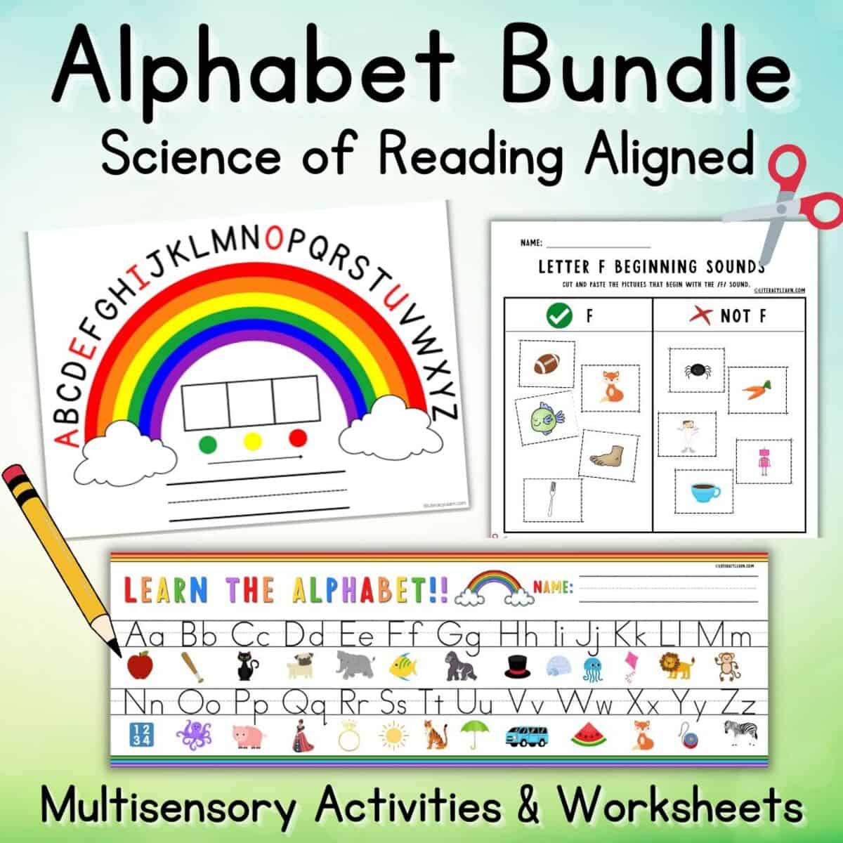 Graphic with 'alphabet bundle' title with alpahbet arc, beginning sound worksheets, and letter placemat.