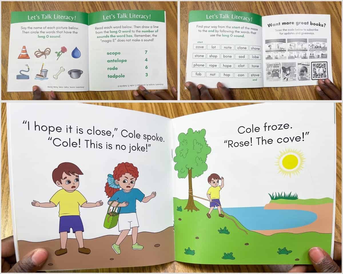 Photo college showing the inside of a decodable book focused on magic E with long O words.